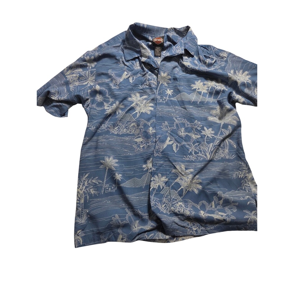 Harley Davidson Hawaiian Shirt Mens L Blue Viscose Made in Hawaii Motorcycle